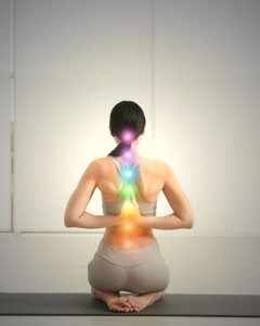 chakras emitem energia vital em determinadas regiões do corpo, seguindo as cores do arco-íris, de baixo para cima.